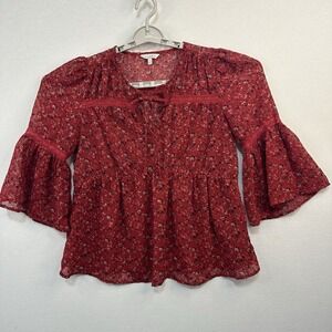Lucky Brand Blouse S Red Boho Sheer Bell Sleeve Keyhole Tie Neck Peasant Top‎